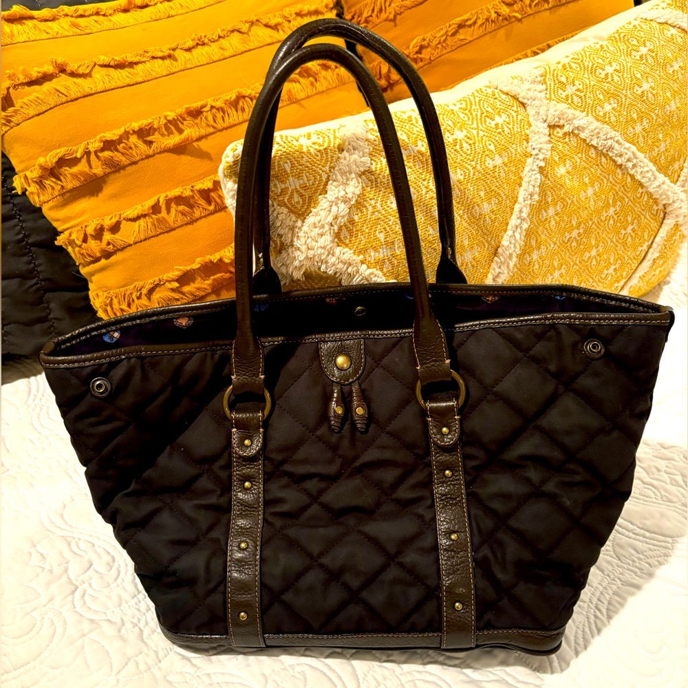 JCrew Black Canvas and Brown Leather Tote